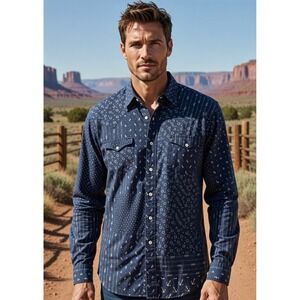 Polo Ralph Lauren Mens XXL Indigo Patchwork Linen Western Pearl Snap Shirt Blue